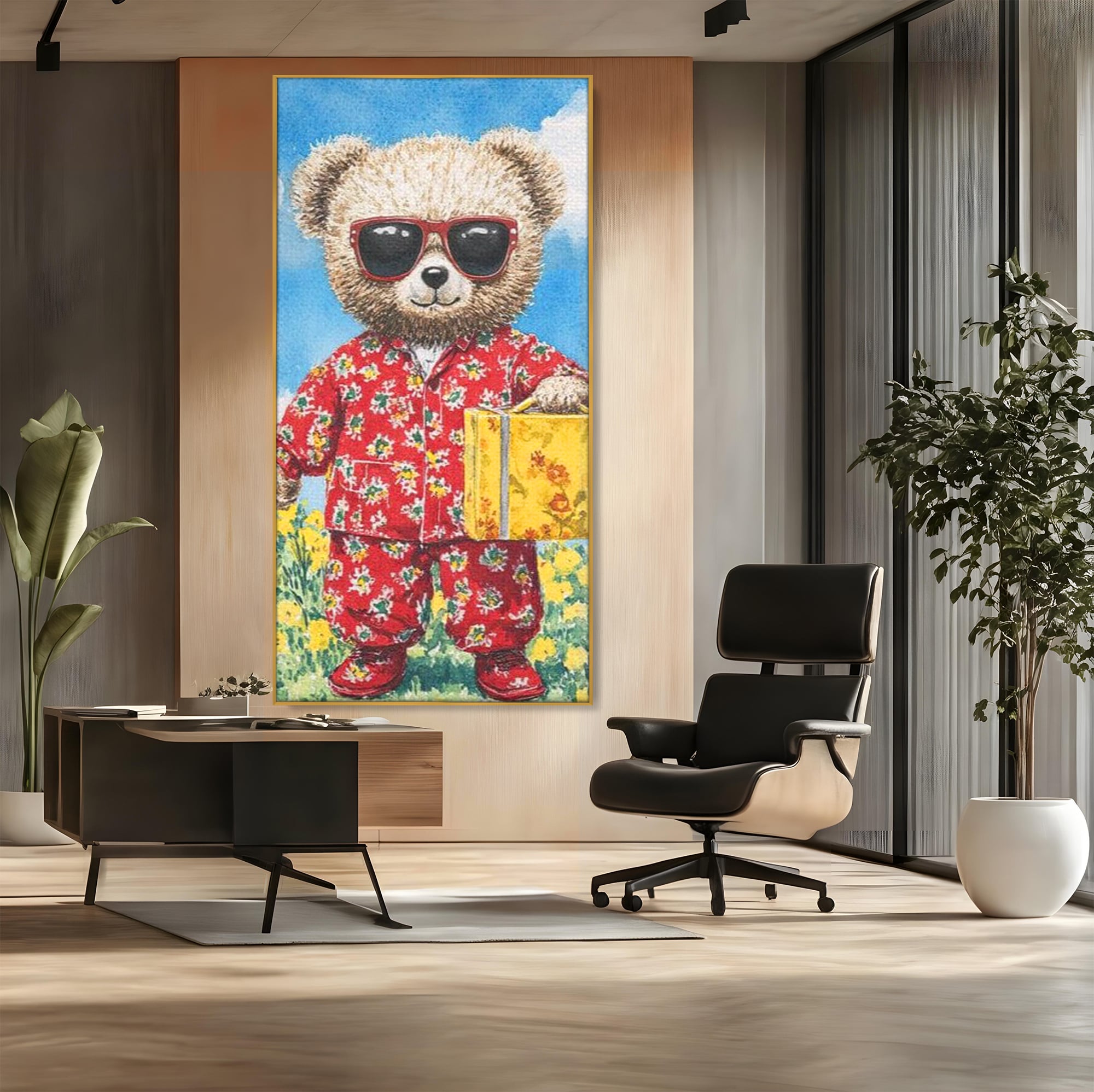 Tablou canvas cu tablou canvas cu ursulet in pijamale, in rama de aluminiu auriu, pe perete intr-un birou